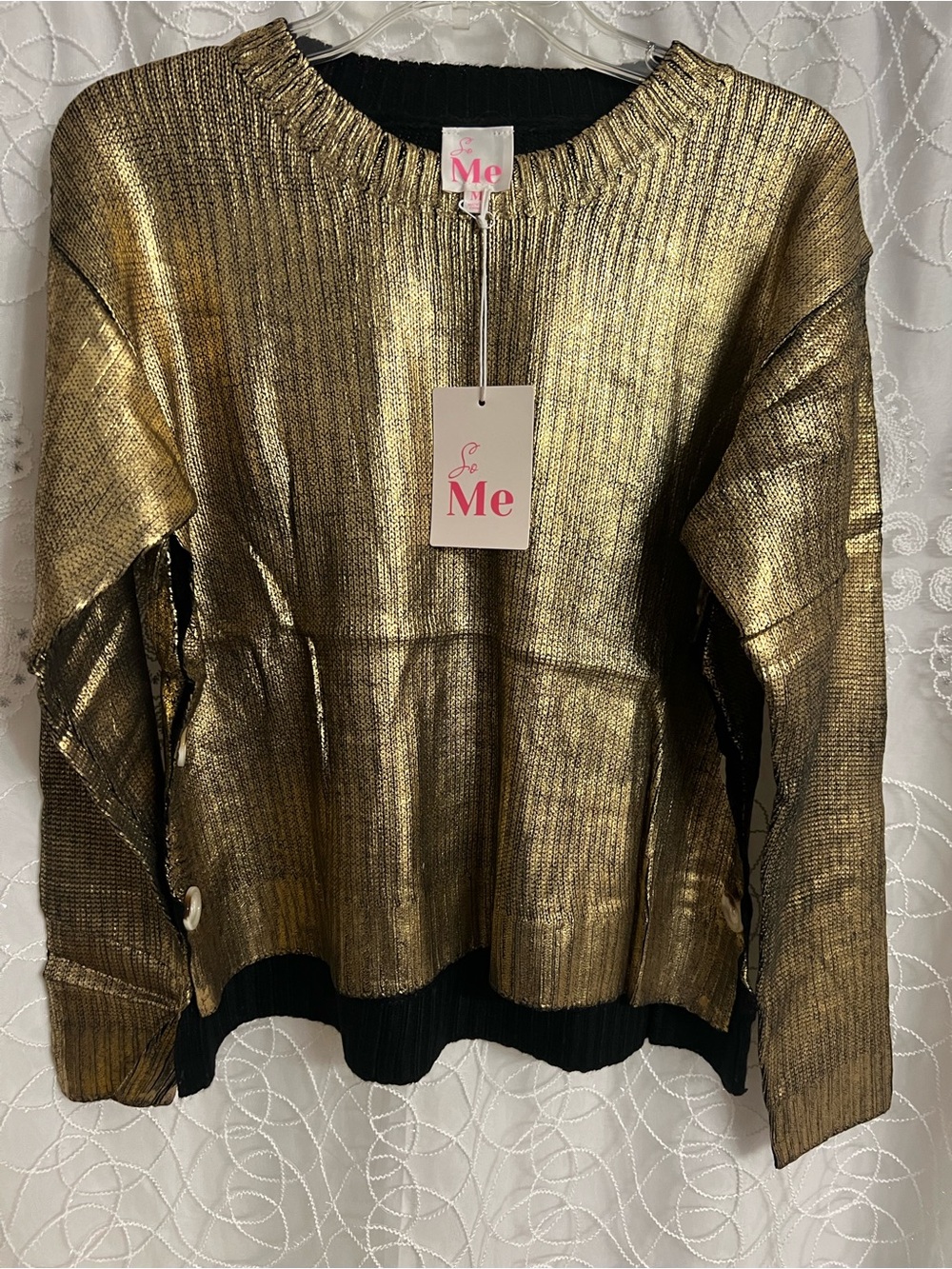 So Me Metallic Gold Crewneck Sweater with Black Trim